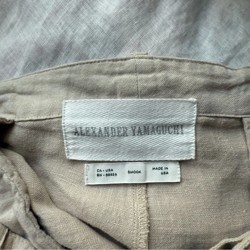 ALEXANDER YAMAGUCHI tan linen slim straight‎ leg cropped trousers pants